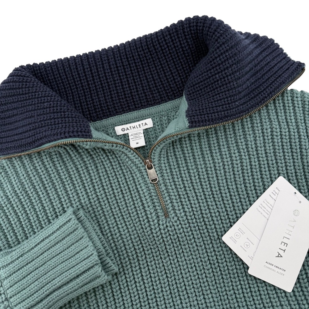 Athleta Alder Sweater Womens Medium Teal Navy Blue Quarter Zip Crop Knit NEW
